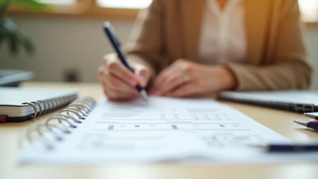 Manos anotando objetivos de ahorro en un cuaderno sobre una mesa de madera
