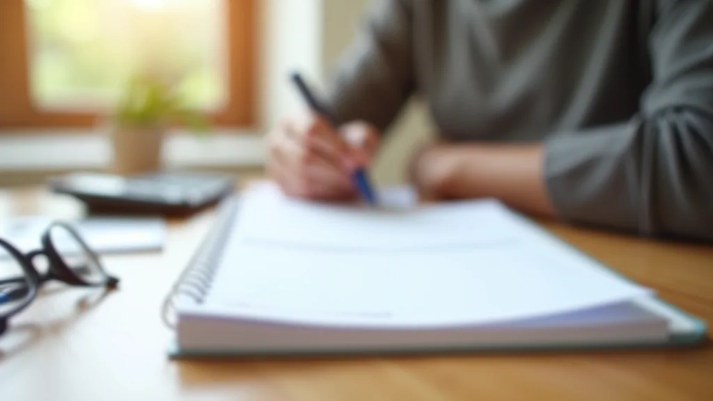 Cuaderno de presupuesto abierto sobre una mesa junto a una taza y una calculadora