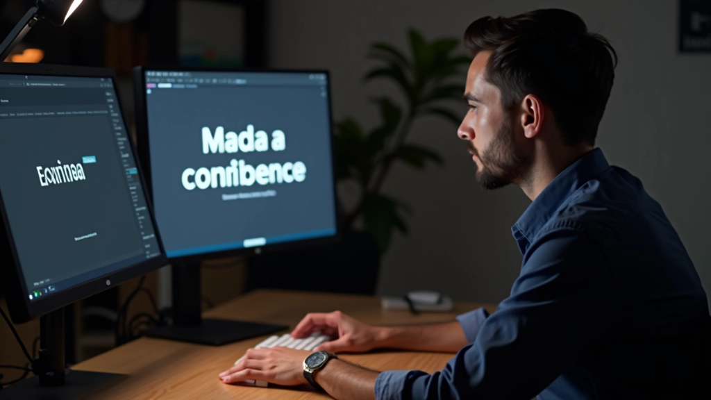 Pessoa a trabalhar em computador com monitor mostrando animação de títulos em reprodução, estúdio de design profissional