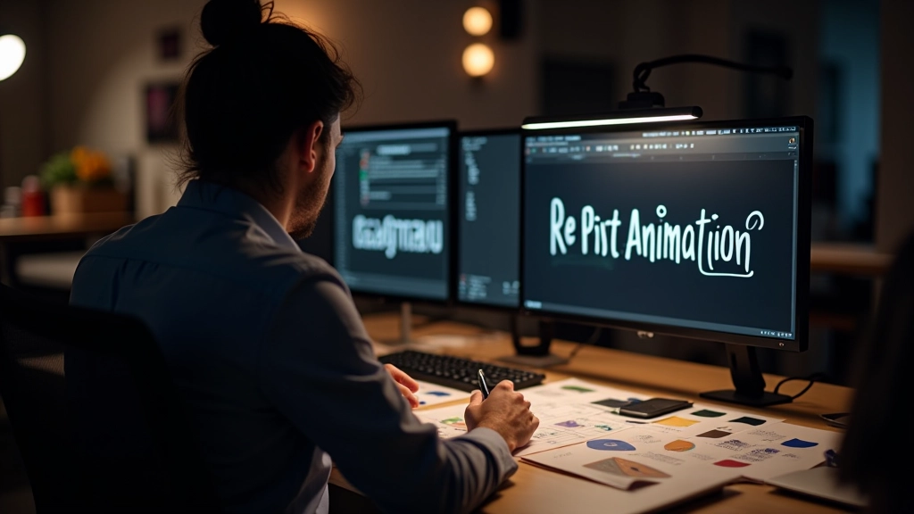 Designer trabalhando em animação de texto num monitor de computador com sketches de tipografia em volta