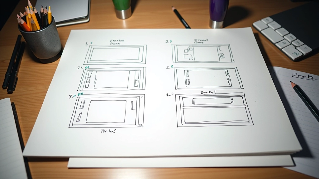 Sketches de storyboard com títulos desenhados à mão e anotações de timing, mesa de trabalho criativa com lápis e papel