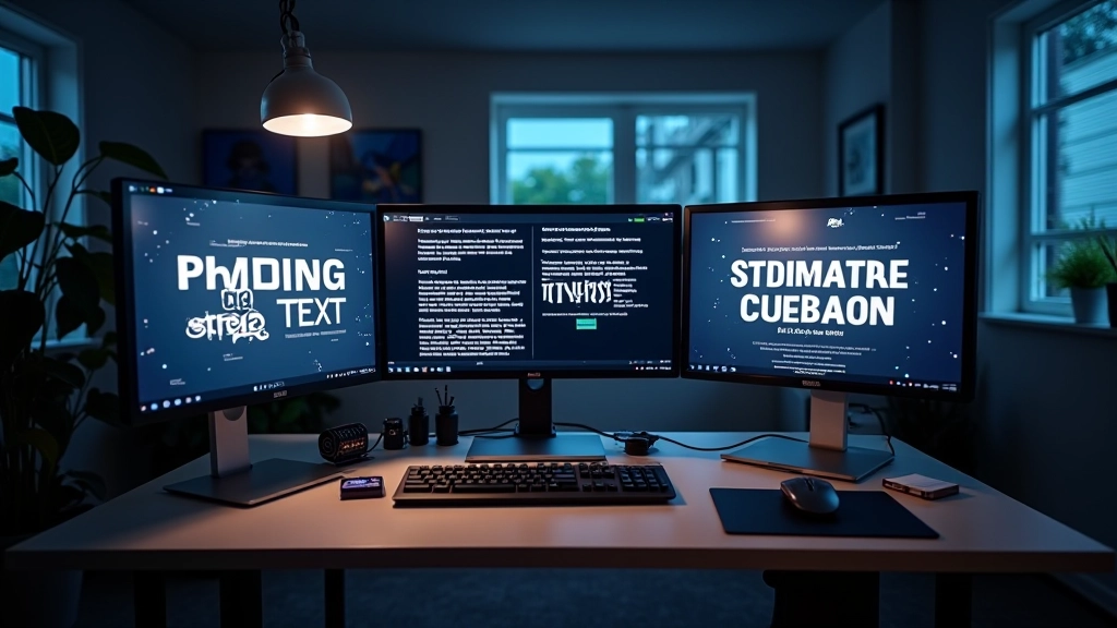 Estúdio moderno com computadores e animações de texto em movimento no monitor